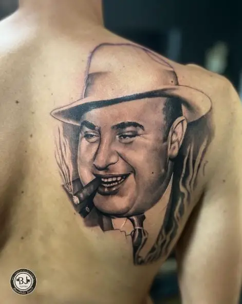Al Capone with Cigar Portrait Back Tattoo