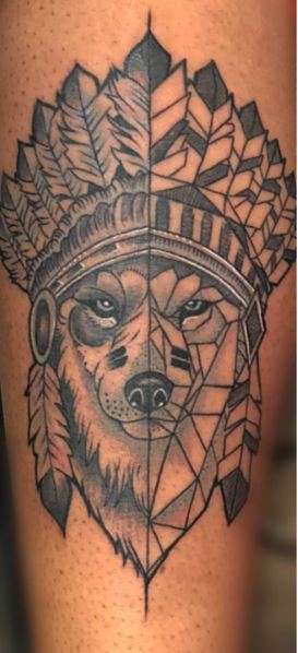 Geometrical Wolf with Apache Feather Headdress Tattoo