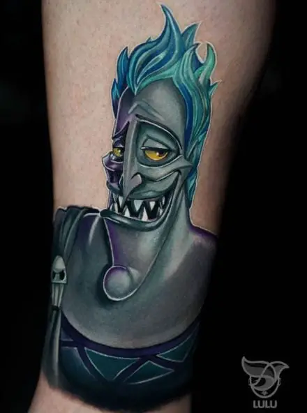 Colorful Disney Hades with Scary Teeth Arm Tattoo
