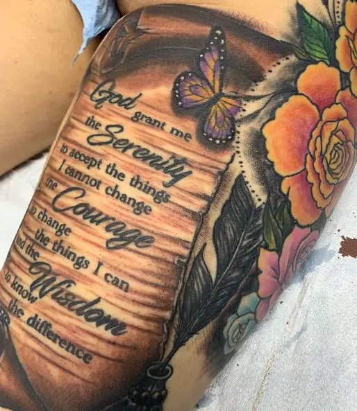 Flowers, Butterfly and Serenity Prayer Quote Thigh Tattoo