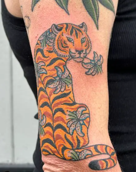 Colorful Lilies and Tiger Arm Tattoo