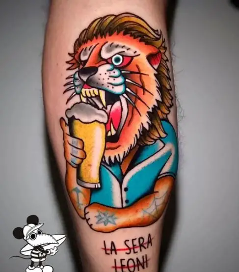 Colorful Traditional Lion with Beer Forearm Tattoo