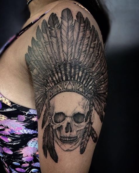 Skull with Apache Feather Headdress Arm Tattoo