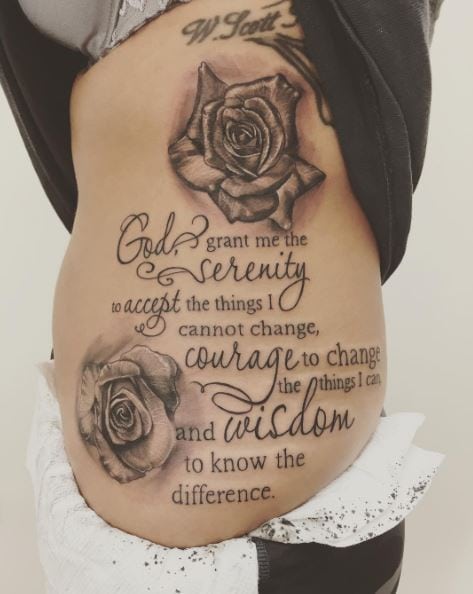 Roses and Serenity Prayer Quote Ribs Tattoo