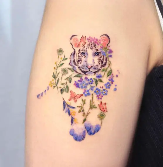 Minimalistic Flowers and Tiger Arm Tattoo