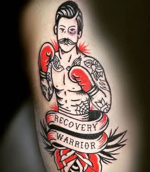 Red Rose and Boxer with Script Sobriety Tattoo