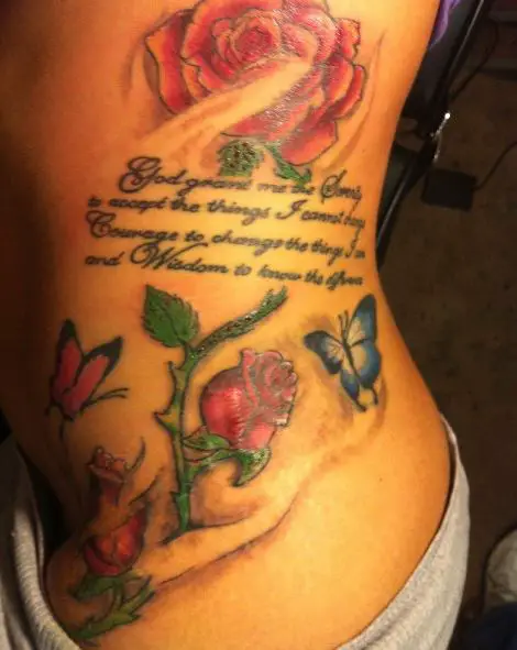 Roses, Butterfly and Serenity Prayer Quote Ribs Tattoo