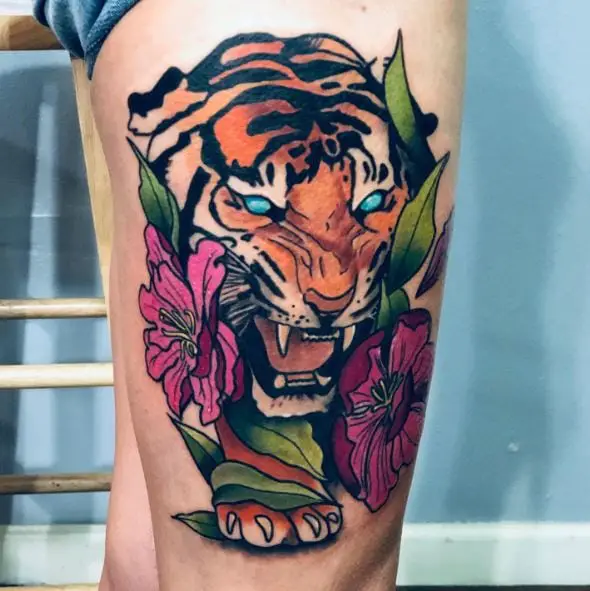 Violet Flowers and Roaring Tiger Thigh Tattoo