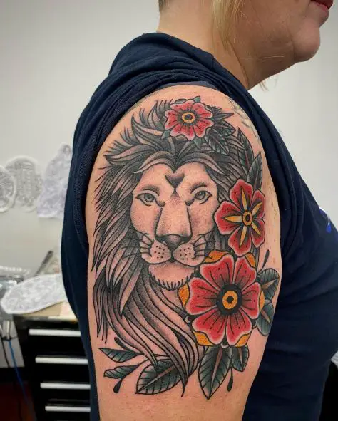 Red Flowers and Traditional Lion Arm Tattoo