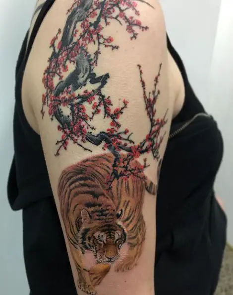 Cherry Blossom and Tiger Arm Tattoo