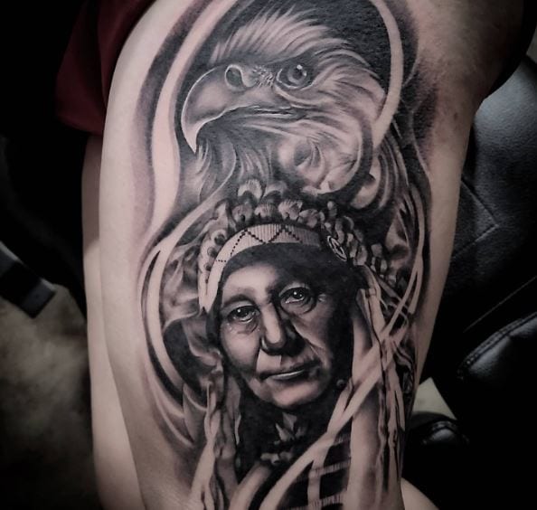 Eagle and Native American Warrior Thigh Tattoo