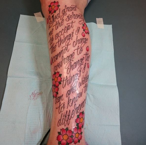 Flowers and Serenity Prayer Quote Leg Tattoo