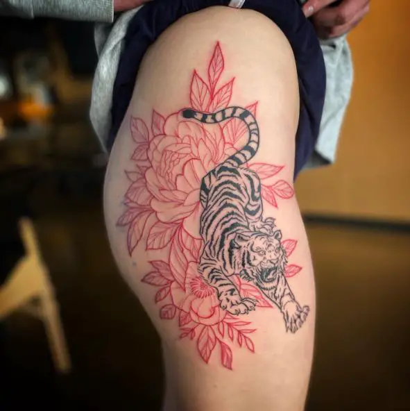 Red Flowers and Crawling Tiger Hip Tattoo