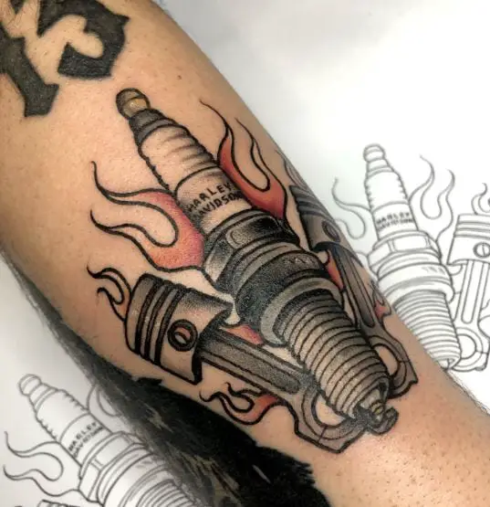 Colorful Harley Davidson Pistons and Sparkplug Forearm Tattoo