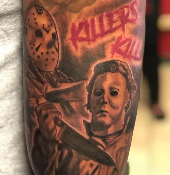Jason and Michael Myers with Script Arm Tattoo