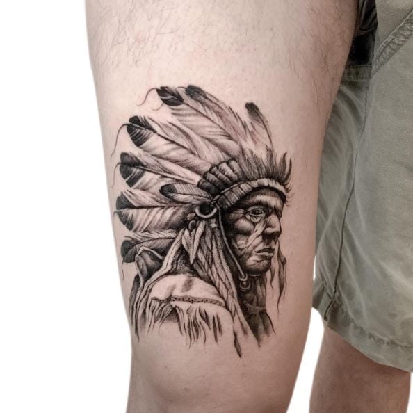 Native American Chief with Feather Headdress Thigh Tattoo