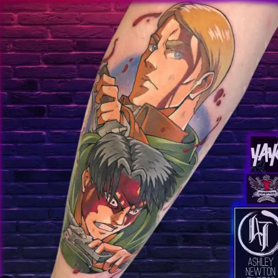 Colorful Levi Ackerman and Commander Erwin Smith Forearm Tattoo