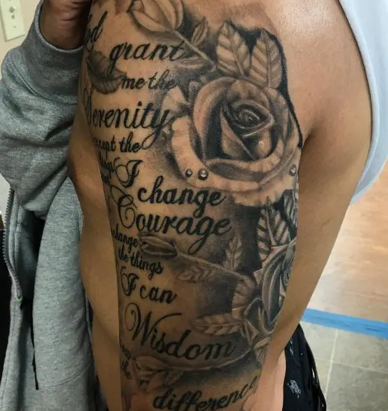 Black and Grey Roses and Serenity Prayer Quote Arm Tattoo