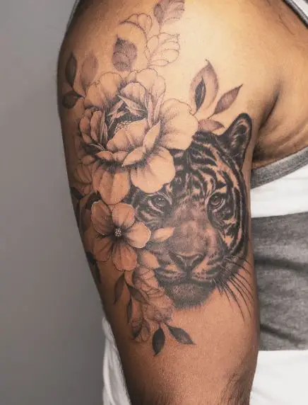 Black and Grey Flowers and Tiger Arm Tattoo