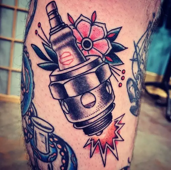 Colorful Flower and Harley Davidson Sparkplug Arm Tattoo