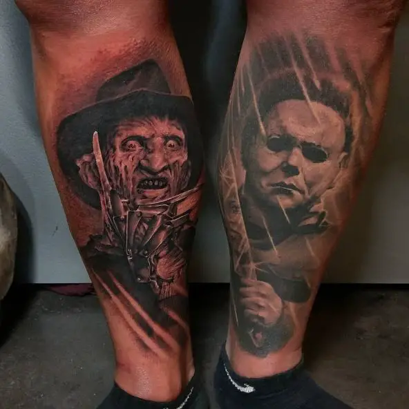 Freddy Kruger and Michael Myers Both Legs Tattoos