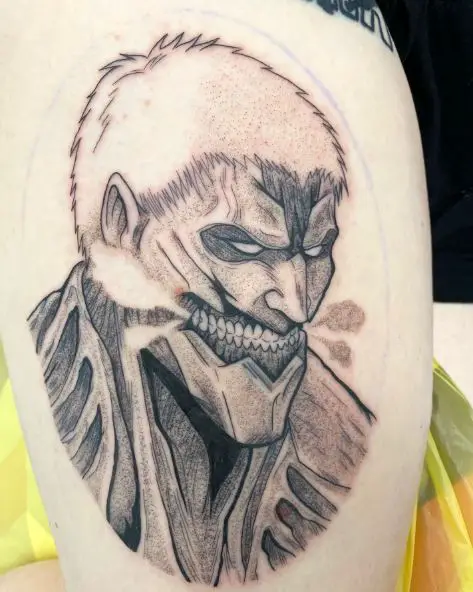 Black and Grey Steaming Titan Tattoo