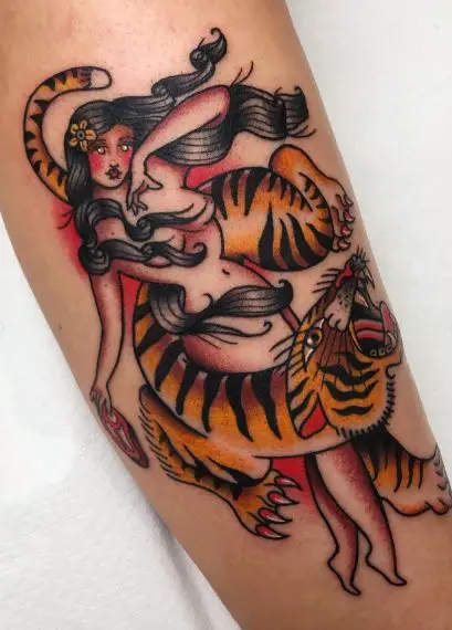 Woman and Traditional Tiger Arm Tattoo