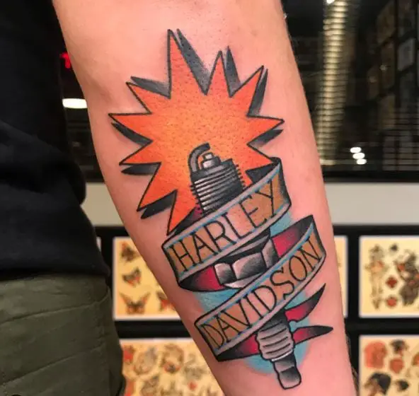 Colorful Harley Davidson Sparkplug Forearm Tattoo