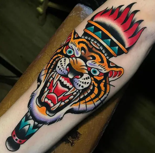 Traditional Torch and Tiger Forearm Tattoo