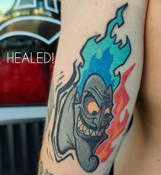 Colorful Disney Hades on Fire Arm Tattoo