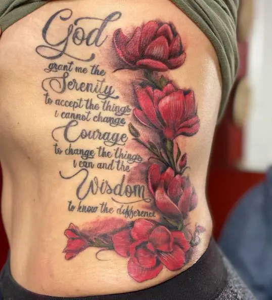 Red Flowers and Serenity Prayer Quote Ribs Tattoo