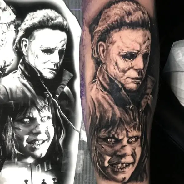 Exorcist Girl and Michael Myers Forearm Tattoo