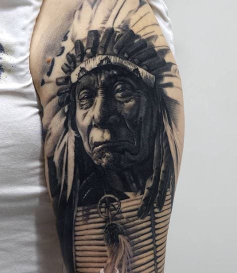 Black and Grey Sioux Chief with Feather Headdress Arm Tattoo
