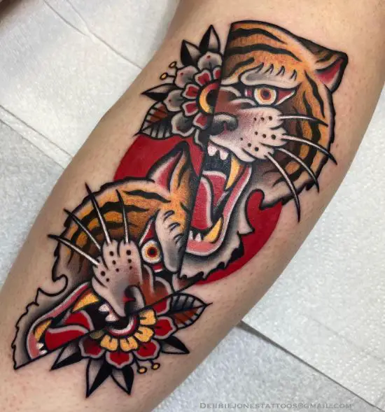 Traditional Flowers and Tiger Leg Tattoo