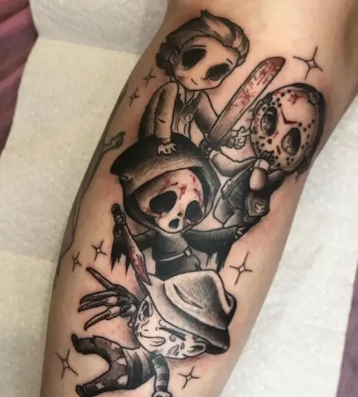 Babies Freddy, Ghost Face, Jason and Michael Myers Forearm Tattoo