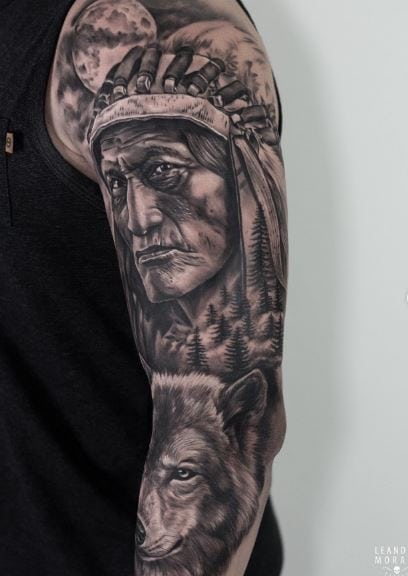 Wolf and Indian Chief with Feather Headdress Arm Tattoo