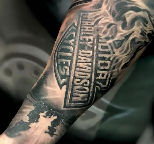 Black and Grey Harley Davidson Logo and Riders Forearm Tattoo