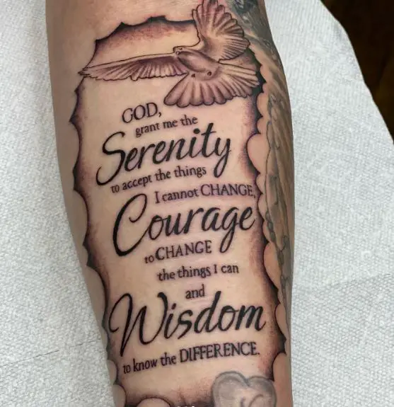 Grey Shaded Pigeon and Serenity Prayer Quote Forearm Tattoo