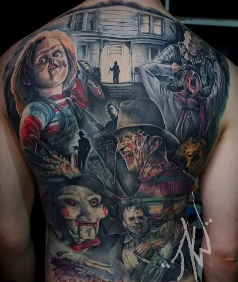 Chucky, Freddy, Jason and Michael Myers Full Back Tattoo