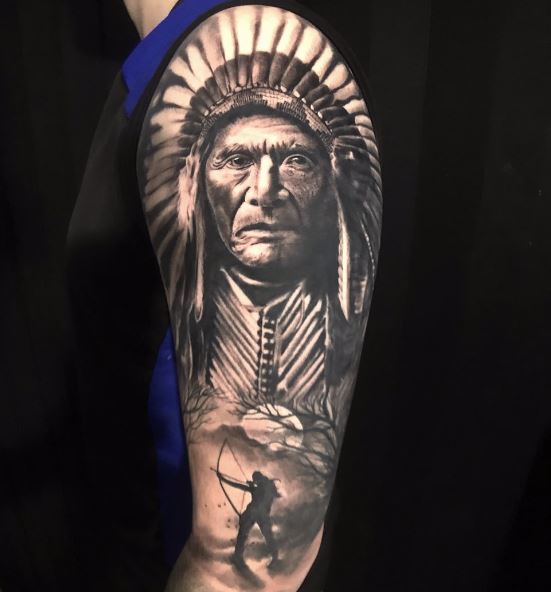 Indian Warrior with Bow and Arrow, and Indian Chief with Feather Headdress Arm Tattoo