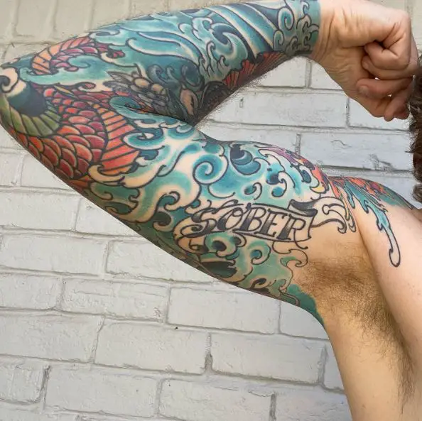 Colorful Koi Fish and Lettering Sober Arm Sleeve Tattoo