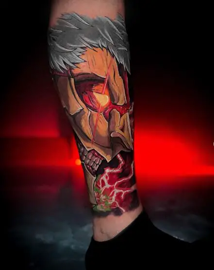 Colorful Titan with Fiery Eyes Leg Tattoo