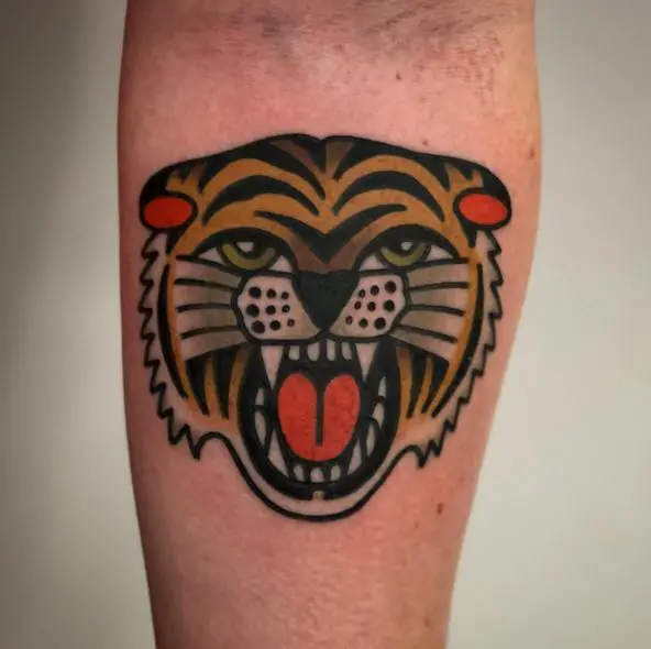 Traditional Roaring Tiger Forearm Tattoo