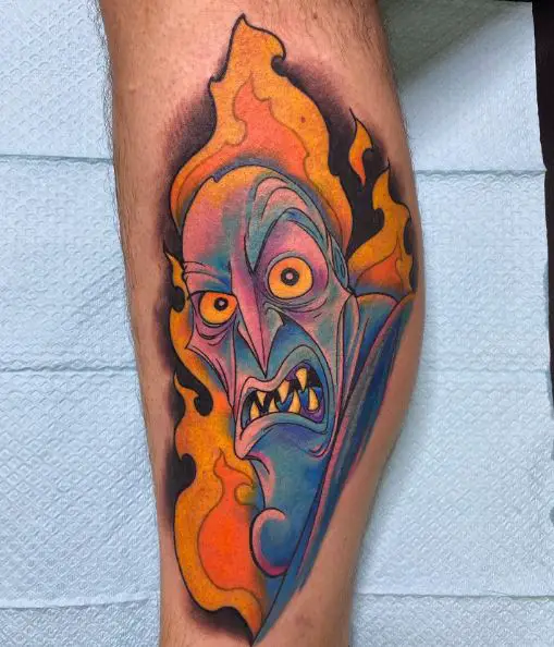 Colorful Disney Hades on Fire Leg Tattoo