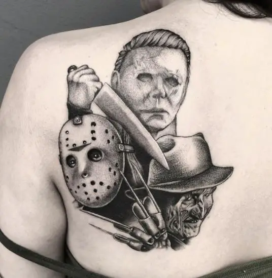 Freddy, Jason, and Michael Myers with Knife Back Tattoo