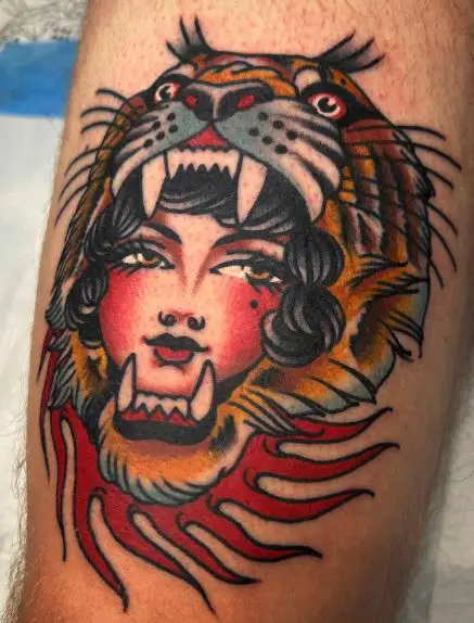 Traditional Tiger with Woman Head Arm Tattoo