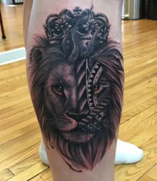 Tribal Lion with Crown Leg Tattoo