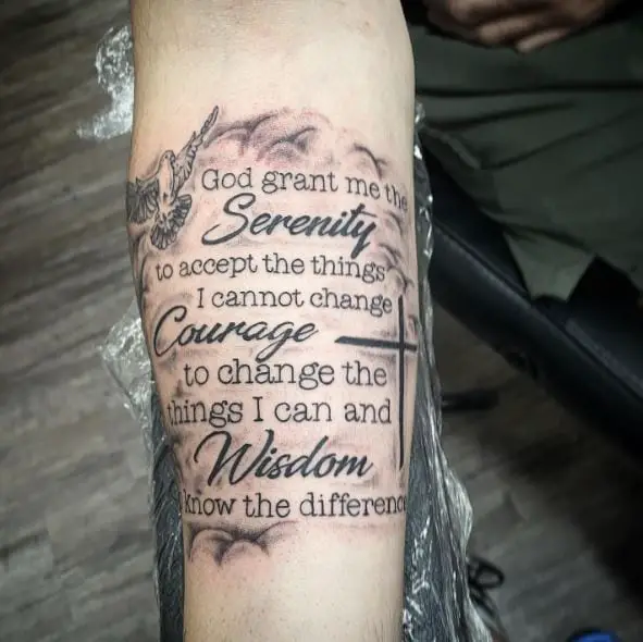 Pigeon and Serenity Prayer Quote Forearm Tattoo