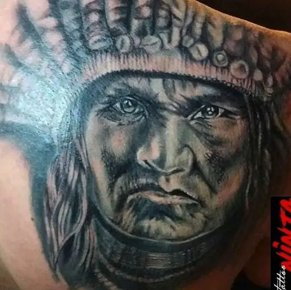 Realistic Indian Chief with Feather Headdress Back Tattoo