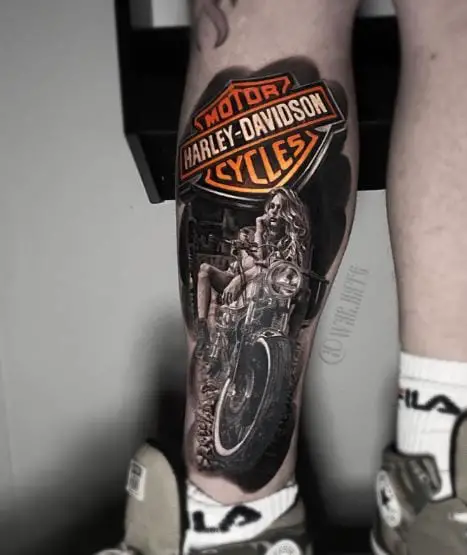 Harley Davidson Logo and Girl Riding Harley Davidson Leg Tattoo